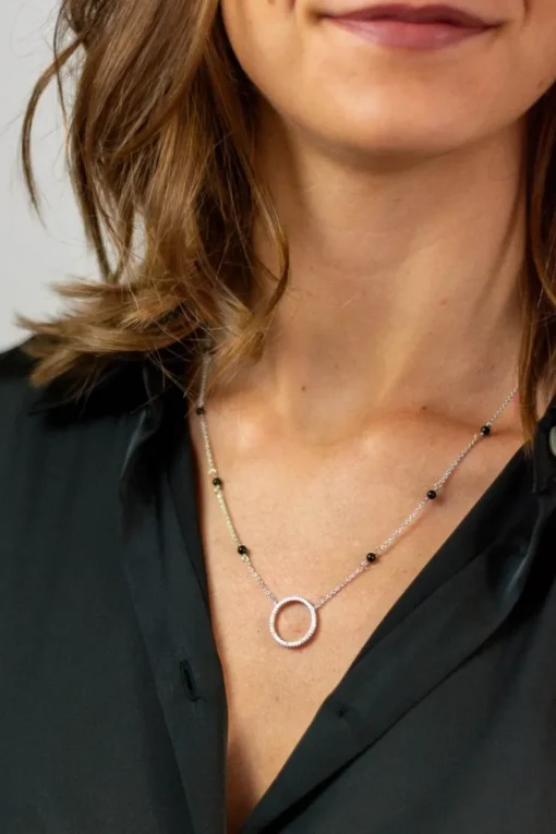 LUISIA® Halskette "Ring mit schwarzen Achat Perlen" 67044 | 925 Silber (Länge 50cm)