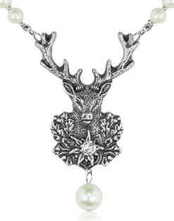 LUISIA® Perlen Halskette mit Hirsch Anhänger - Weiß Silber