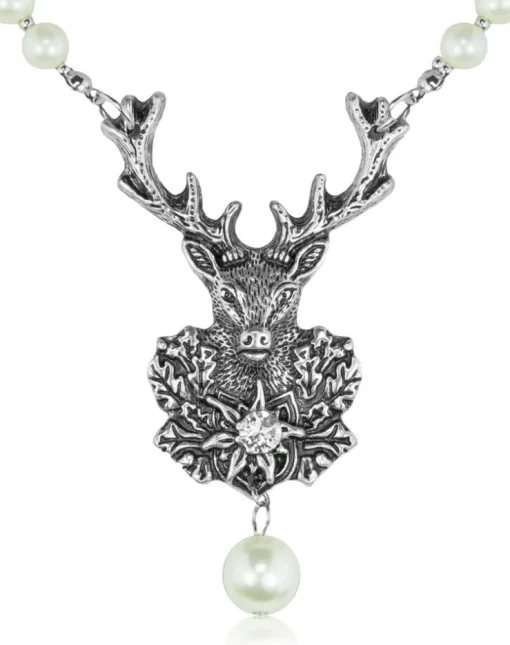 LUISIA® Perlen Halskette mit Hirsch Anhänger - Weiß Silber