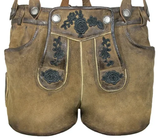 Maddox Kurze Damen Lederhose Daniela mit Hosenträgern - Braun Antik Eiche
