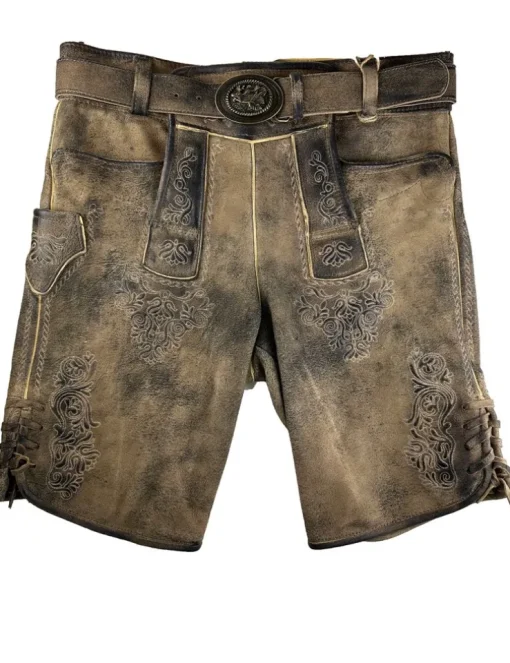MADDOX Kurze Herren Lederhose "Riessersee" mit Gürtel | Antik Bernstein