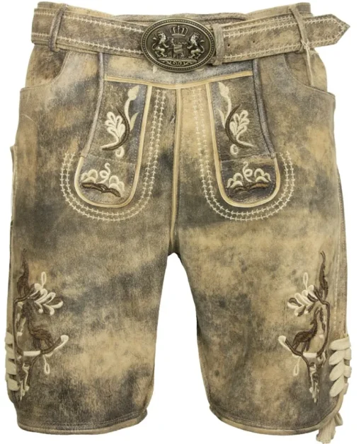 MADDOX Kurze Herren Lederhose "Kobel" mit Gürtel | Antik Braun Beige