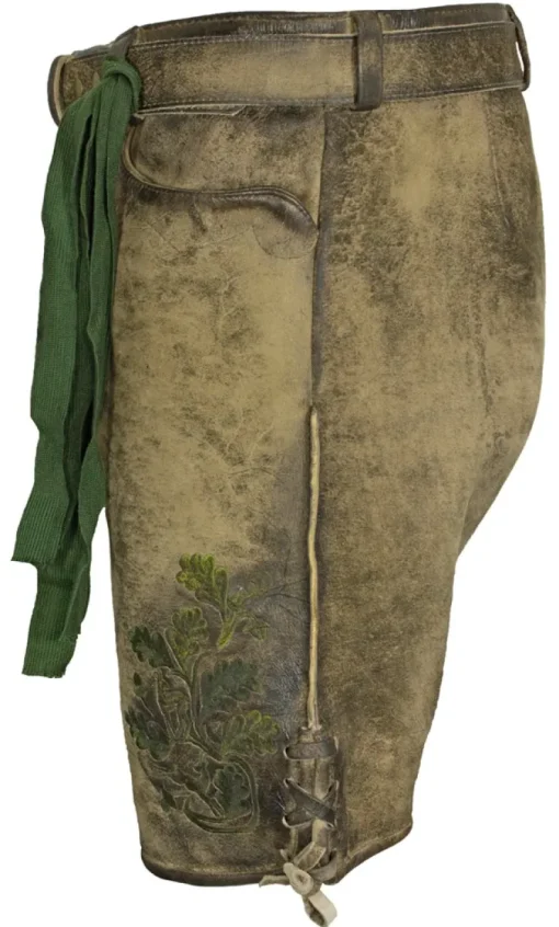 MADDOX Kurze Herren Lederhose "Amsel" mit Gürtel | Speckig Natur Grün