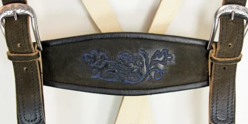 Maddox Kurze Lederhose mit Stegträgern Bertolo - Dunkelbraun Blau - Antik Reut