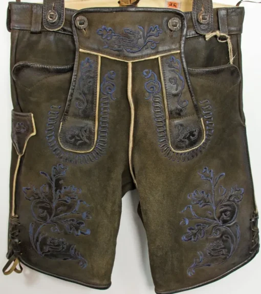 Maddox Kurze Lederhose mit Stegträgern Bertolo - Dunkelbraun Blau - Antik Reut