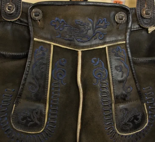 Maddox Kurze Lederhose mit Stegträgern Bertolo - Dunkelbraun Blau - Antik Reut