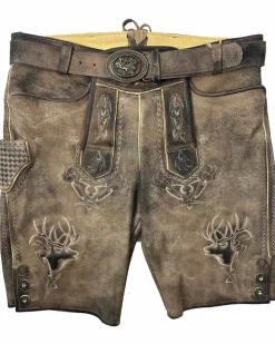 MADDOX Kurze Lederhose "Urgsee" mit Hirschstickerei | Antik Bernstein