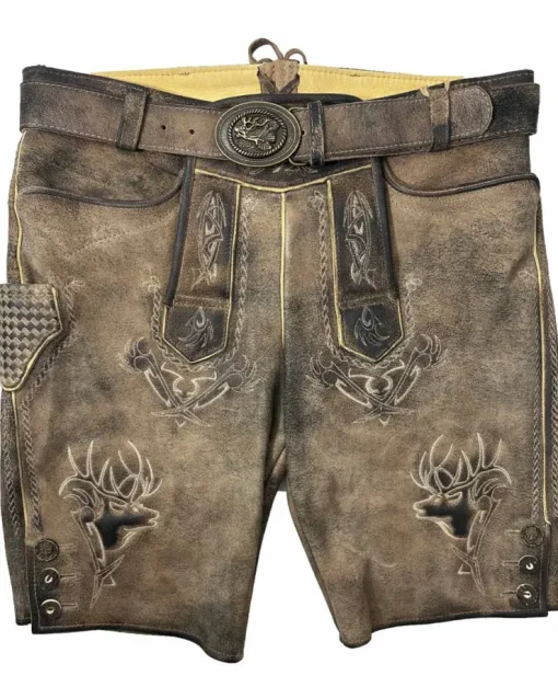 MADDOX Kurze Lederhose "Urgsee" mit Hirschstickerei | Antik Bernstein