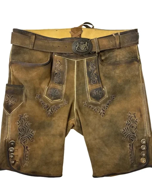 MADDOX Kurze Lederhose "Rolli" mit Gürtel | Antik Zirbe