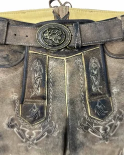 MADDOX Kurze Lederhose "Urgsee" mit Hirschstickerei | Antik Bernstein