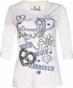 MarJo Damen Trachten Shirt "Narrisch" mit 3/4 Arm | Weiß Blau