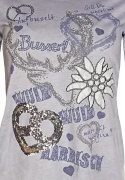 MarJo Damen Trachten Shirt "Narrisch" mit 3/4 Arm | Grau Blau