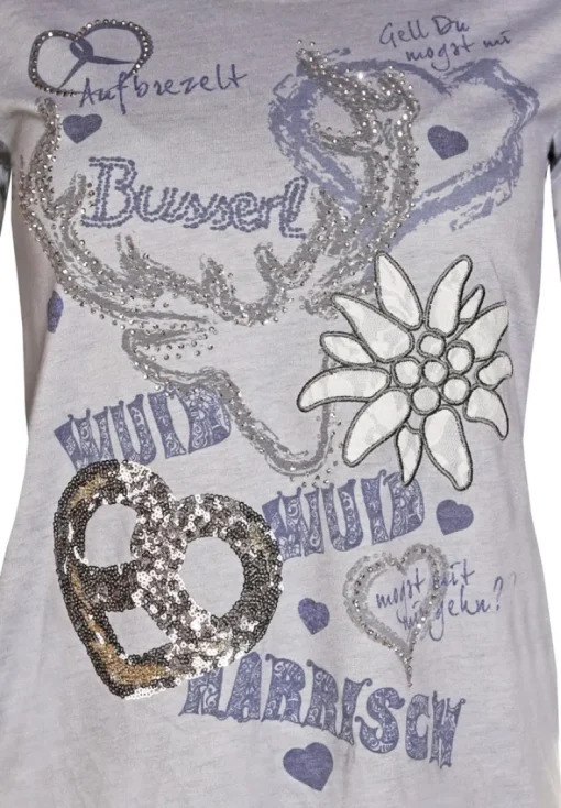 MarJo Damen Trachten Shirt "Narrisch" mit 3/4 Arm | Grau Blau