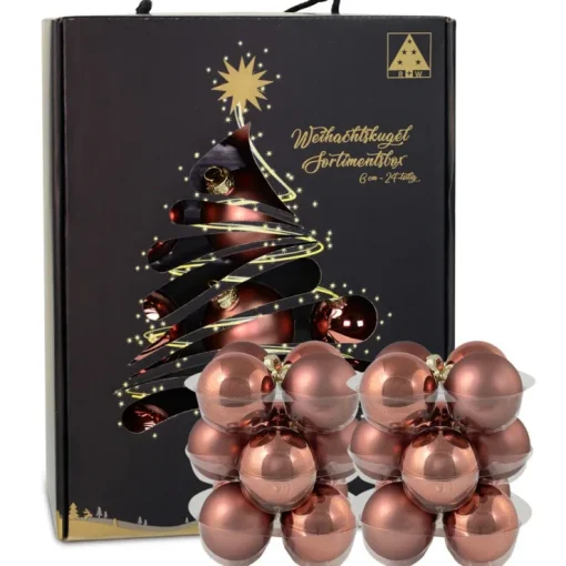 Riffelmacher Glas Weihnachtskugeln im Koffer 26258 | 24 Stück | Ø 6 cm - Karamellbraun