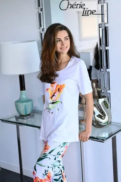 RINGELLA Damen Pyjama mit 7/8 Hose "Tropical" 3271208 | Weiß Bunt