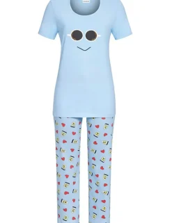 RINGELLA Damen Pyjama "Smiley" 2211201 mit 7/8 Hose | Hellblau