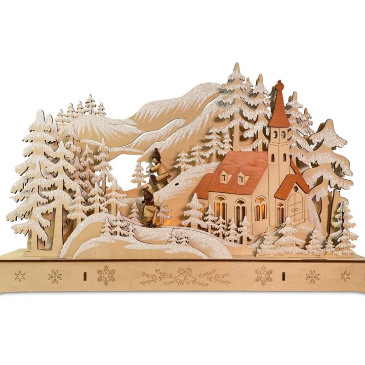 Schwibbogen "Kirche mit Schlittenbahn" 44 x 29 cm - LED Fensterleuchter mit Timer | 76039