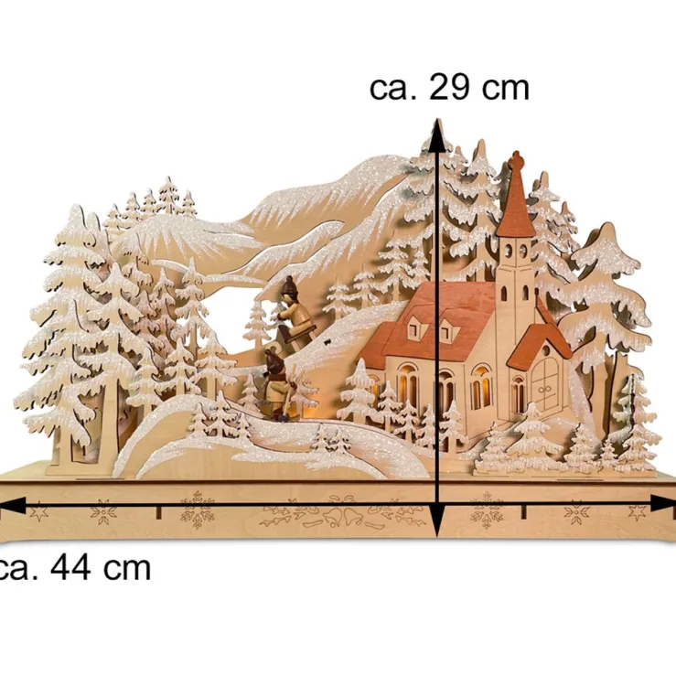 Schwibbogen "Kirche mit Schlittenbahn" 44 x 29 cm - LED Fensterleuchter mit Timer | 76039