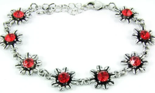 Silbernes Strass Armband mit Blüten - Rot
