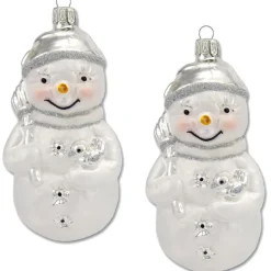 Thüringer Glasdesign Christbaumschmuck Schneemann Set (2 Stück) 11 cm aus Glas - Weiß/Silber