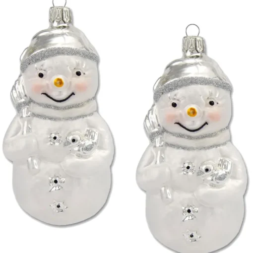 Thüringer Glasdesign Christbaumschmuck Schneemann Set (2 Stück) 11 cm aus Glas - Weiß/Silber
