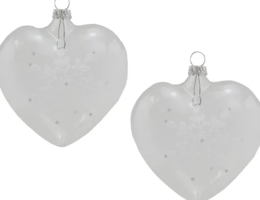 Thüringer Glasdesign Herzen (2 Stück) Ø 8 cm - Weiß/Silber | Glas Weihnachtsbaumkugeln Made in Germa
