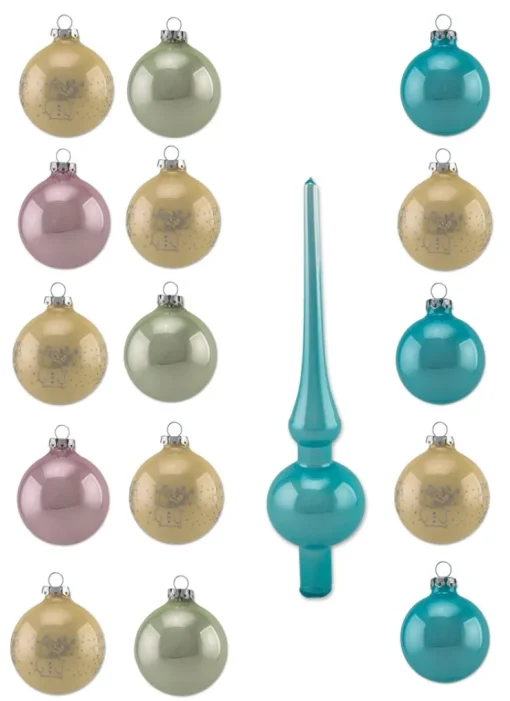 Thüringer Glasdesign Weihnachtskugel-Set 16-tlg. - Pastell mit Glitzer Dekor Lustige Schneemänner -