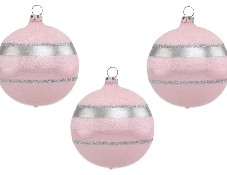 Thüringer Glasdesign Weihnachtsbaumkugel Ø 8 cm (3 Stück) - Glitterstreifen Rosa Opal