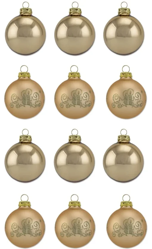 Thüringer Glasdesign Weihnachtskugel-Set 8cm 12-tlg. - Gold mit Glitzer Dekor Kerze - A012-0808-1340