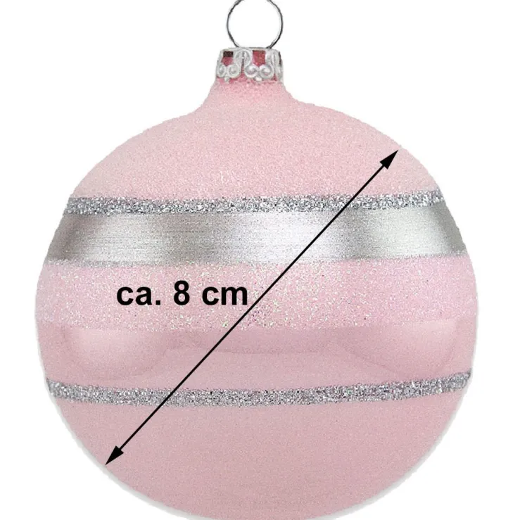 Thüringer Glasdesign Weihnachtsbaumkugel Ø 8 cm (3 Stück) - Glitterstreifen Rosa Opal