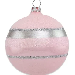 Thüringer Glasdesign Weihnachtsbaumkugel Ø 8 cm (3 Stück) - Glitterstreifen Rosa Opal