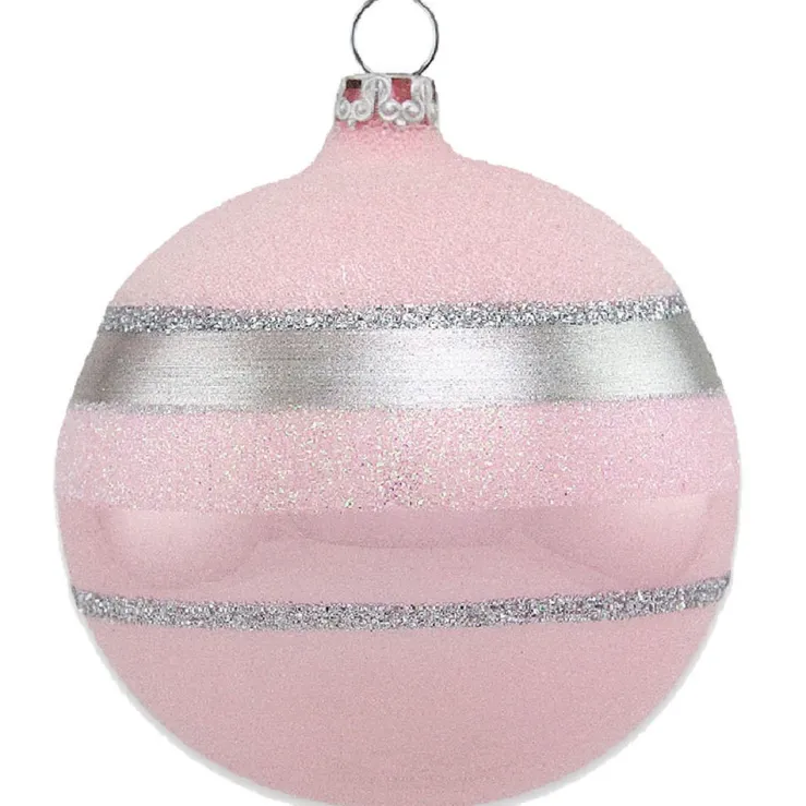 Thüringer Glasdesign Weihnachtsbaumkugel Ø 8 cm (3 Stück) - Glitterstreifen Rosa Opal