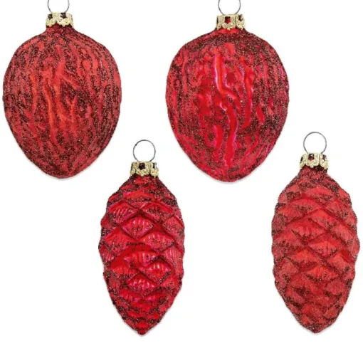 Thüringer Glasdesign Zapfen und Nüsse Set 004-01010-1232 | 4-tlg. | ca. 6cm - Rot