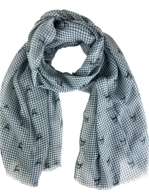 Trachten Halstuch Schal Kariert mit Hirschmotiv 185 x 70 cm | Grau