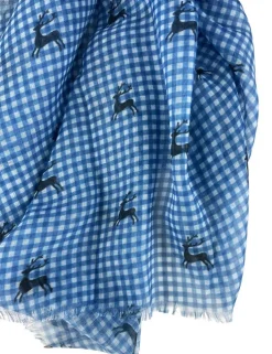 Trachten Halstuch Schal Kariert mit Hirschmotiv 185 x 70 cm | Jeansblau