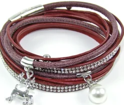 Wickelarmband mit Strass und Hirsch Anhänger - Dunkelrot